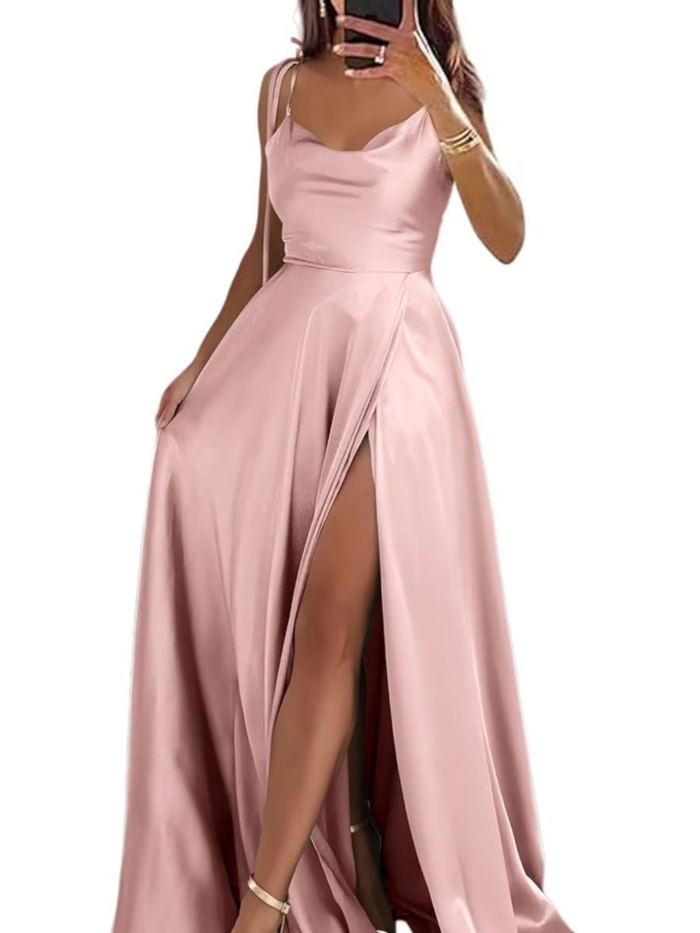 Elegant Blush Pink Satin Evening Gown with Thigh Slit
